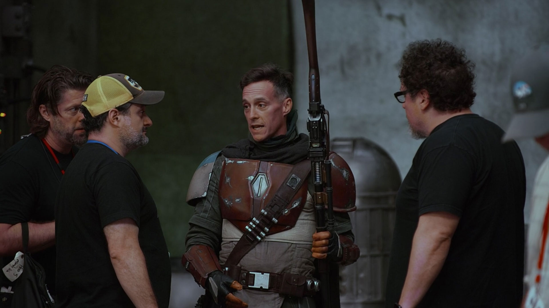 (L-R): Dave Filoni, Brendan Wayne, and Jon Favreau on The Mandalorian set - Lucasfilm Ltd.