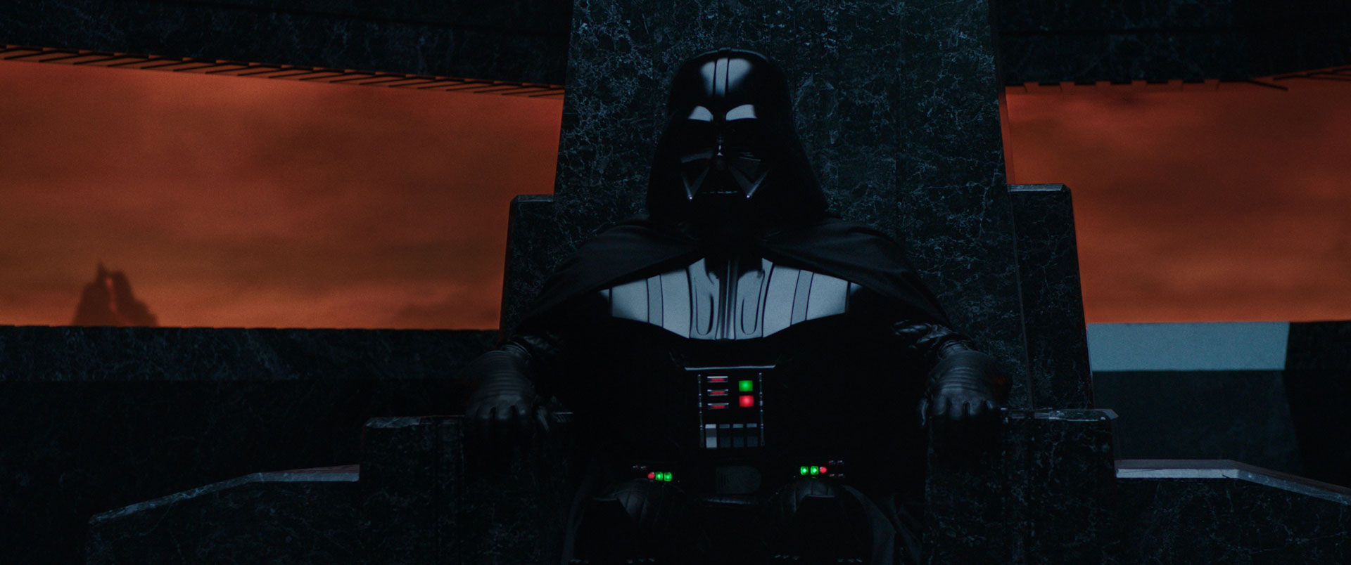 Darth Vader (Dmitrious Bistrevsky, Dorian Gregory) sitting on his throne on Mustafar in Obi-Wan Kenobi Part III - Lucasfilm Ltd.