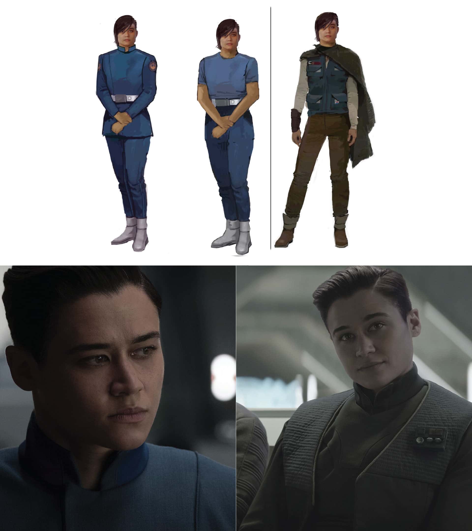 Elia Kane, from concept art to screen showing her New Republic Amnesty Program uniform and her secret outing wardrobe change. Concept art by Brian Matyas, Imario Susilo, and Shawna Trpcic - Lucasfilm Ltd.