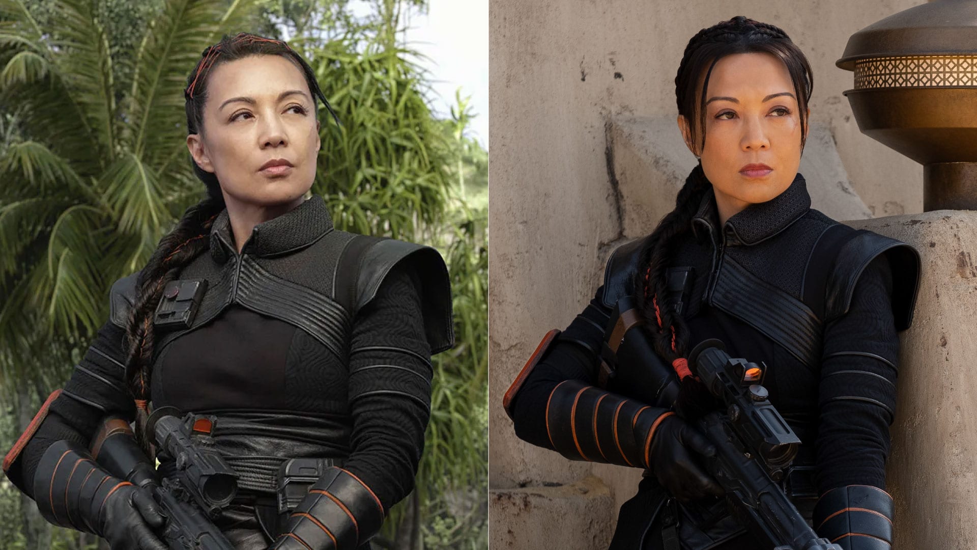 (L-R): Fennec Shand (Ming-Na Wen) hairstyle change from The Mandalorian Season Two to The Book of Boba Fett - Lucasfilm Ltd.