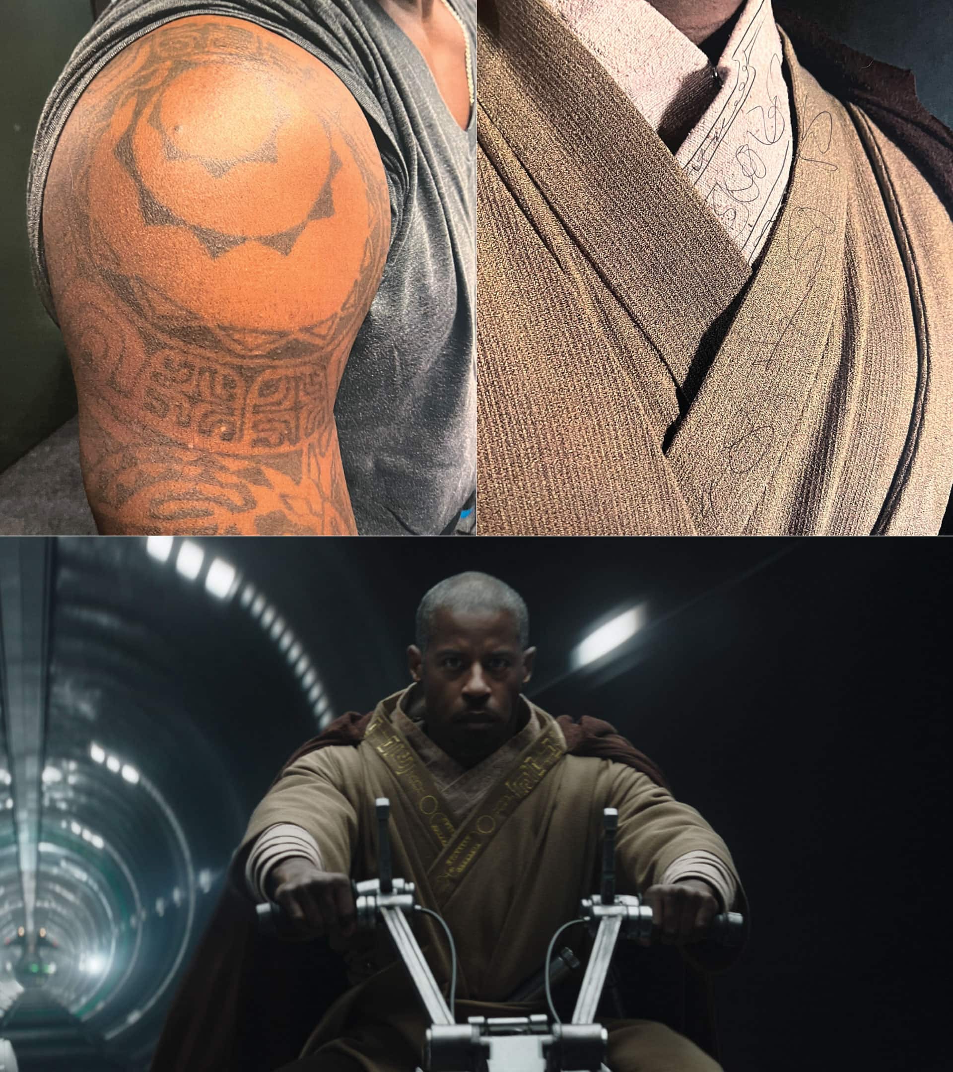 Ahmed Best as Jedi Master Kelleran Beq. Left: Best's Adinkra shoulder tatoos. Right: Adinkra symbols sketch over Beq's costume fitting. Bottom Kelleran Beq in Chapter 20: The Foundling - Lucasfilm Ltd.