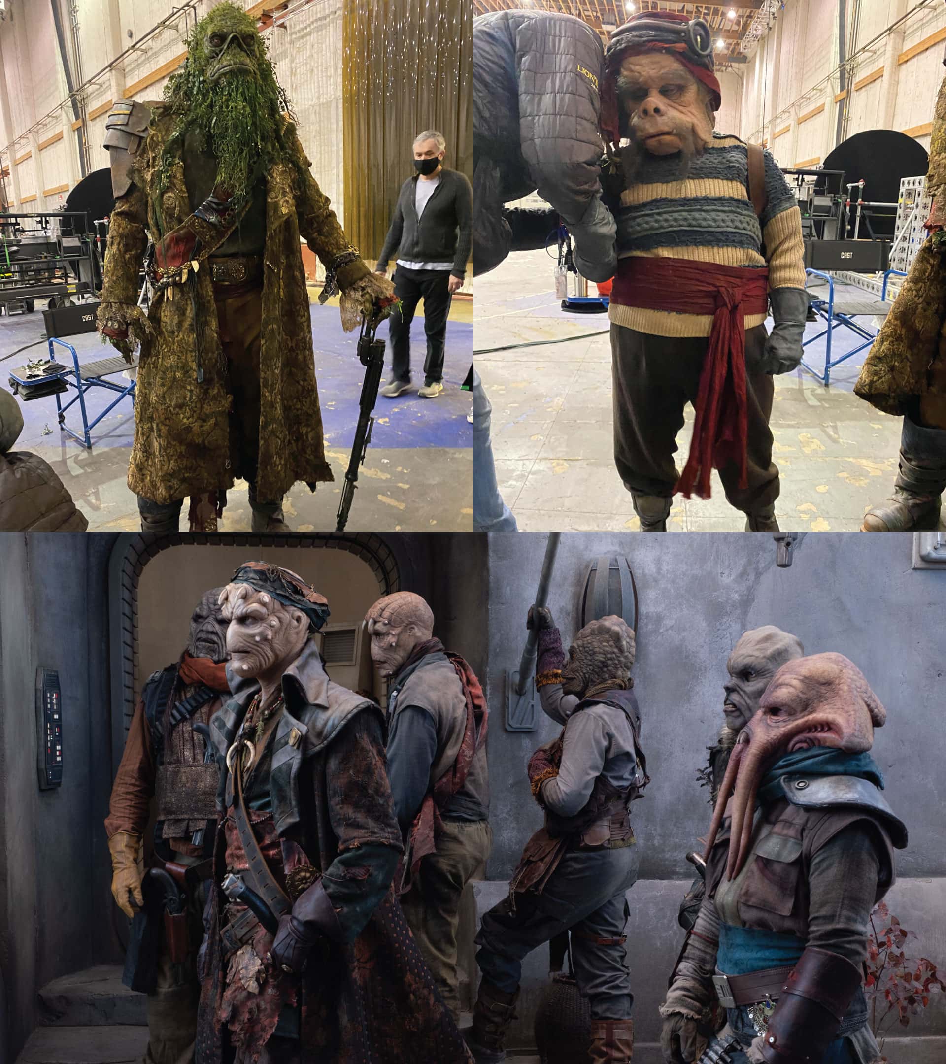 The Mandalorian Season Three Pirates. Left: Gorian Shard (Carey Jones) fitting. Right: Pirate Coxswain (Misty Rosas) fitting. Bottom: Pirates in the courtyard from Chapter 17: The Apostate - Lucasfilm Ltd.