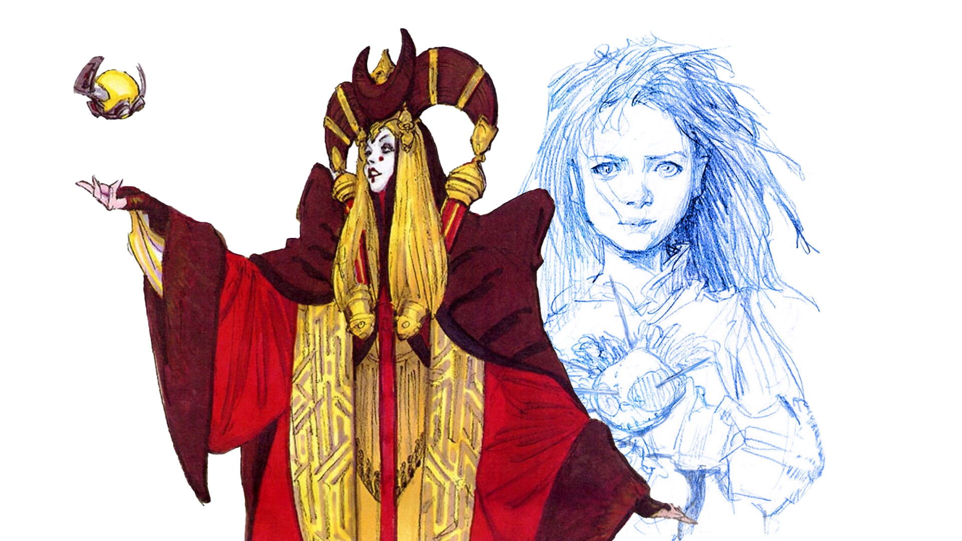 (L-R): Concept art of Padmé for The Phantom Menace (©2024 Lucasfilm Ltd.) and artwork for The Bell-Ringer's Apprentice from Smalltown Tales (©2024 Iain McCaig)