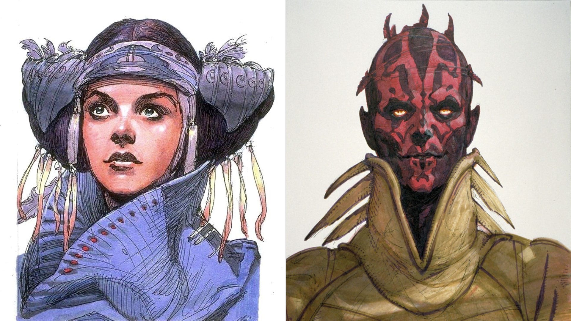 (L-R): Concept art of Padmé and Darth Maul for The Phantom Menace - Artwork by Iain McCaig. ©2024 Lucasfilm Ltd. All Rights Reserved.