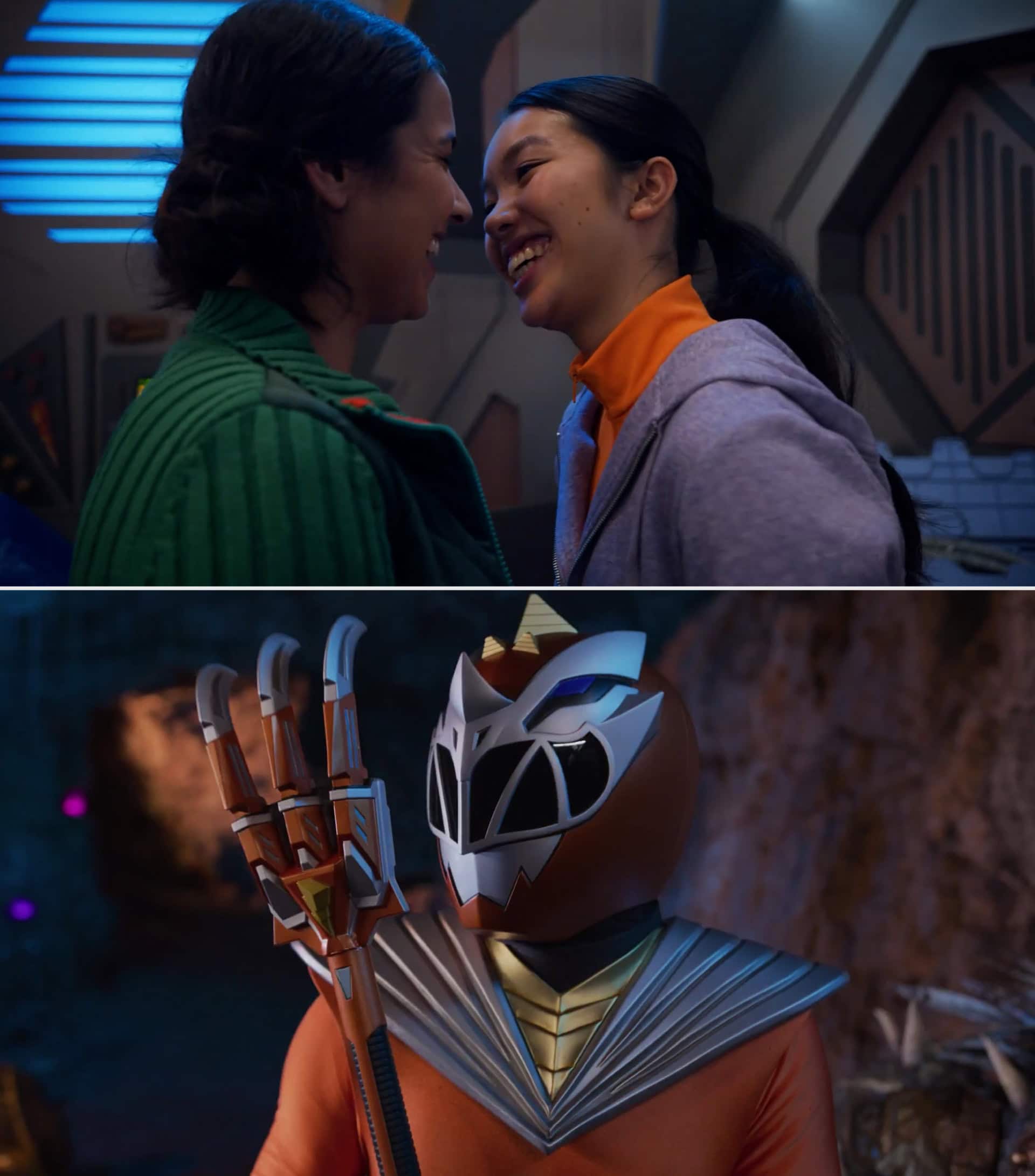 (Top): Izzy Garcia (Tessa Rao) and Fern (Jacqueline Joe). (Bottom) The Cosmic Fury Orange Ranger (Jacqueline Joe) - Netflix © 2023