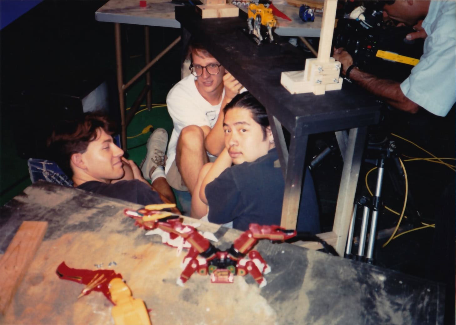 Rick Shick (Top Center) puppeteering the Dinozord to Thunderzord transformation at Saban Studios - Photo courtesy of Rick Shick