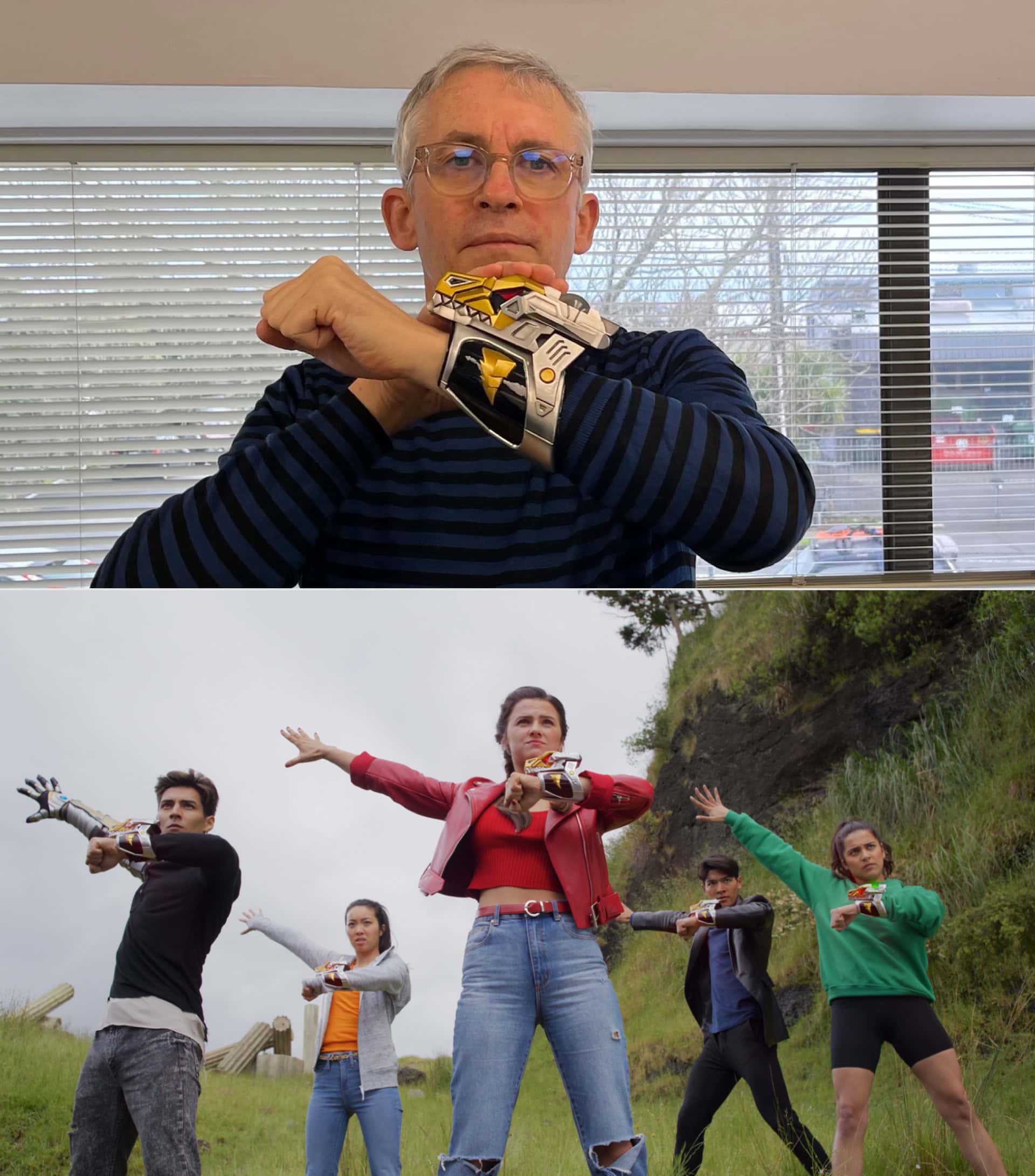 (Top): Simon Bennett testing the new Cosmic Fury morpher - Photo courtesy of Simon Bennett. (Bottom): The Cosmic Fury Rangers morphin sequence - Netflix © 2023