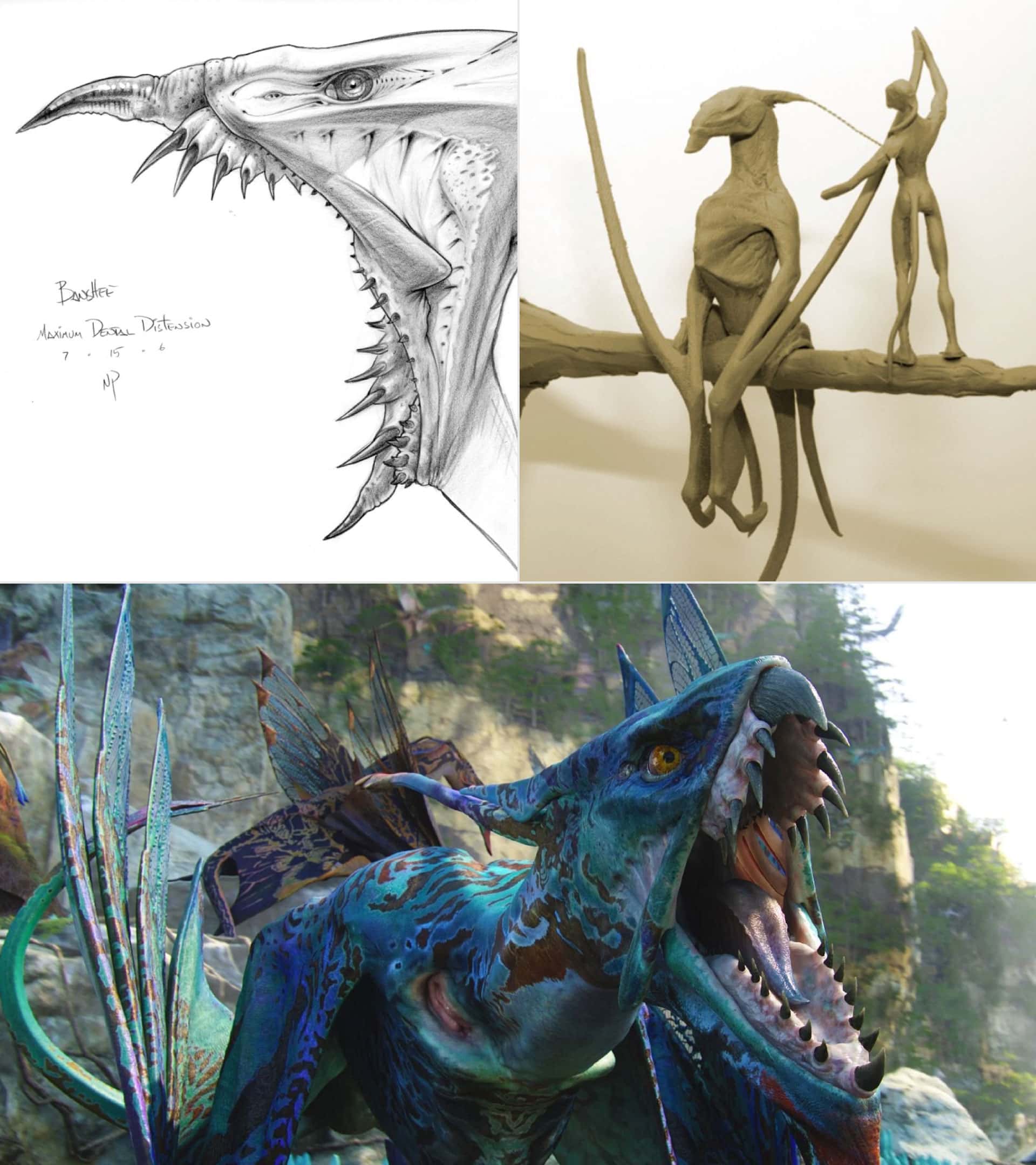 (Clockwise): Banshee maximum dental distension study, sculpt, and final creature on Avatar - Artwork by Neville Page. © Twentieth Century Fox. All Rights Reserved.