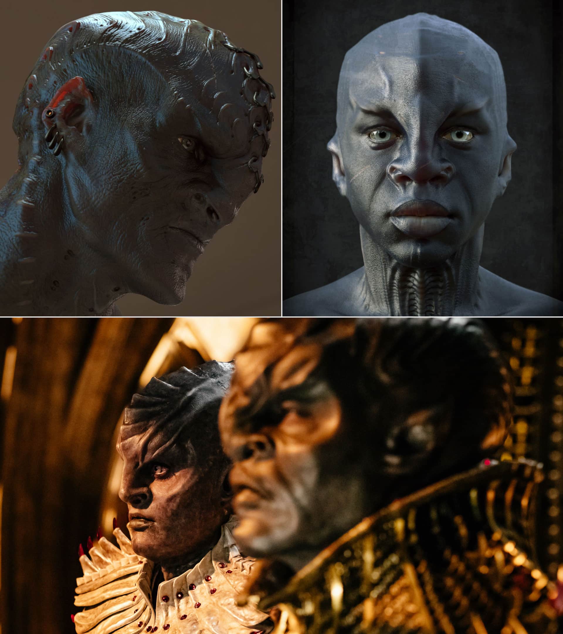 (Top Left): Unused design for a Klingon in Star Trek Into Darkness. (Top Right): Design for young T'Kuvma. (Bottom): L'Rell (Mary Chieffo) and T'Kuvma (Chris Obi) in Star Trek: Discovery - Artwork by Neville Page. Photo Cr: Jan Thijs/CBS © 2017 CBS Interactive. All Rights Reserved.