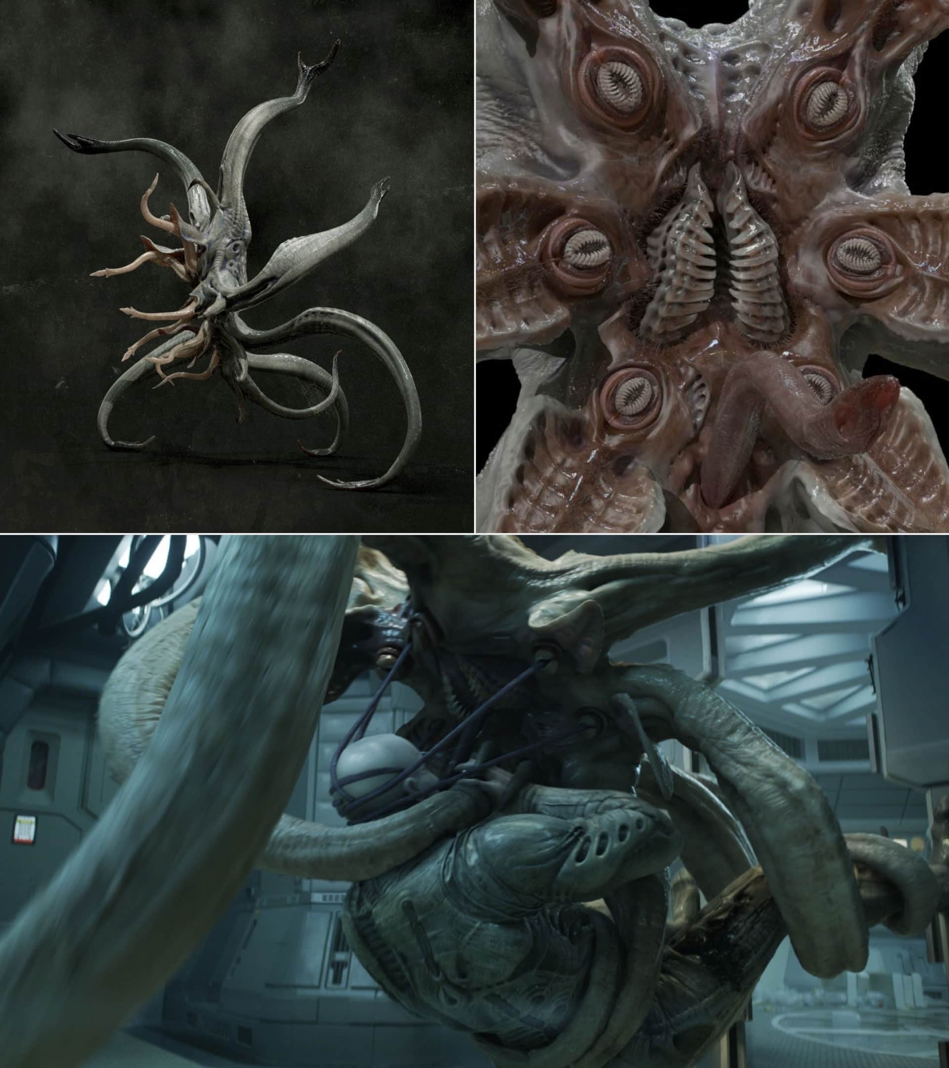 (Top): Design for Prometheus' Trilobite - Artwork by Neville Page. (Bottom): The Trilobite consumes the Engineer in Prometheus - © Twentieth Century Fox. All Rights Reserved.