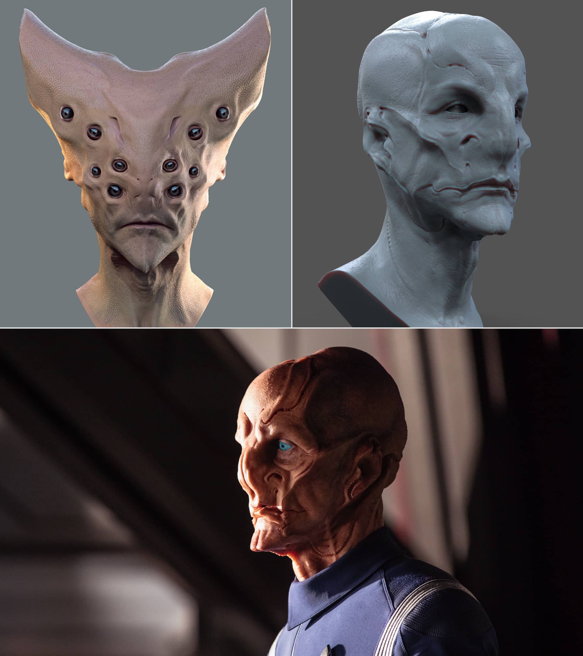 (Top Left): Unused creature for Saru. (Top Right): Saru's chosen design. (Bottom): Lieutenant Saru (Doug Jones). Photo Cr: Jan Thijs/CBS © 2017 CBS Interactive. All Rights Reserved.