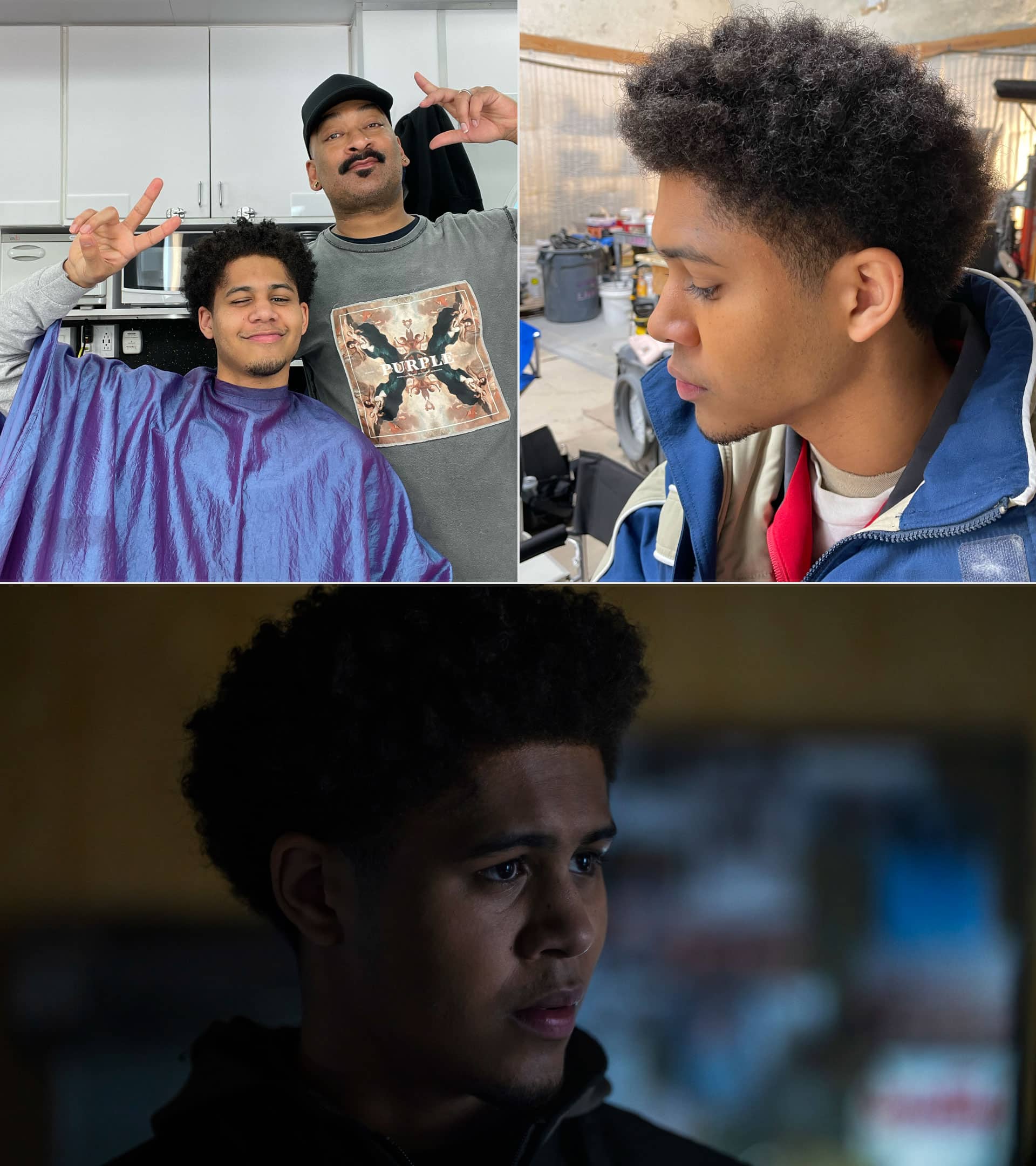 (Top): Brian Badie working on Rhenzy Feliz's Victor Aguilar hairstyle for The Penguin. (Bottom): Victor Aguilar (Rhenzy Feliz) in The Penguin - Photograph by Macall Polay/HBO