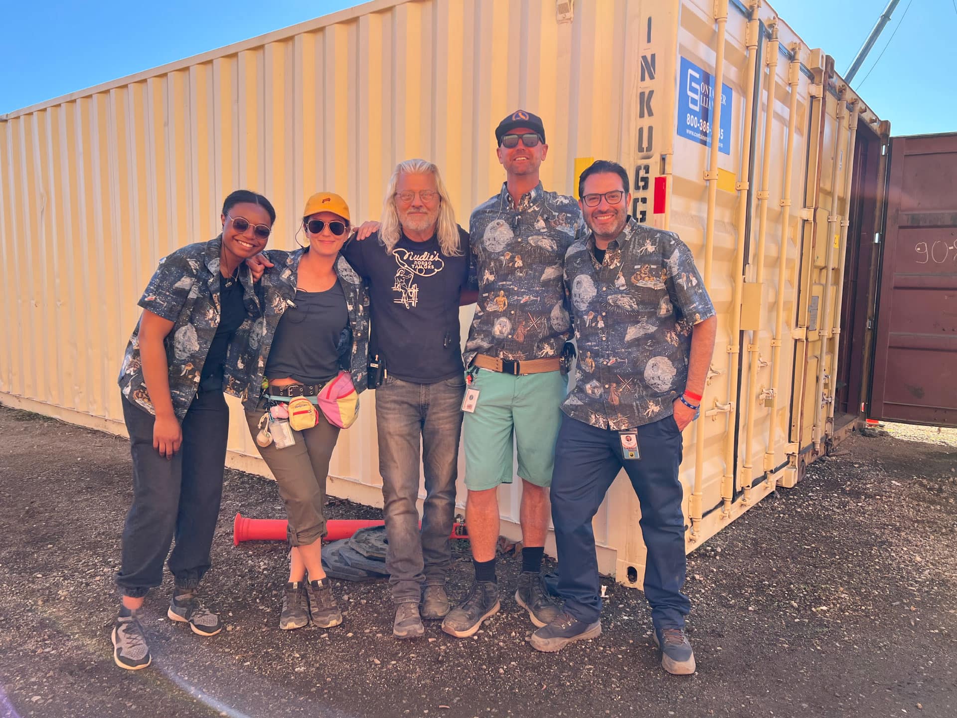 (L-R): Sound trainee Naola Greaves, utility sound technician Alexis Schafer, music playback operator Jeff Zimmerman, boom operator Chris “Catfish” Walmer, and production sound mixer Devendra Cleary on the set of Star Wars: Skeleton Crew - Photo courtesy of Devendra Cleary