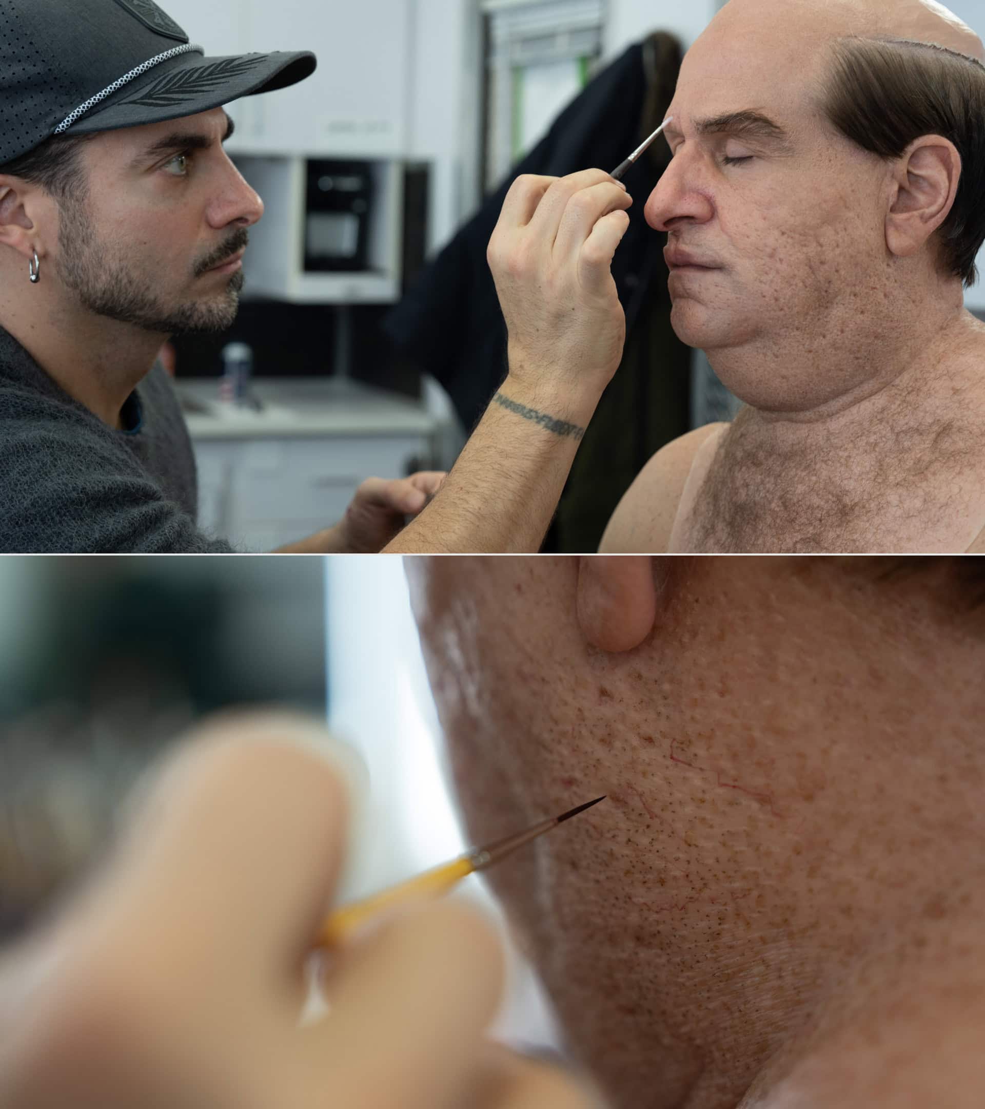 (L-R): Mike Marino detailing the Penguin makeup on Colin Farrell - Prosthetic Renaissance/HBO