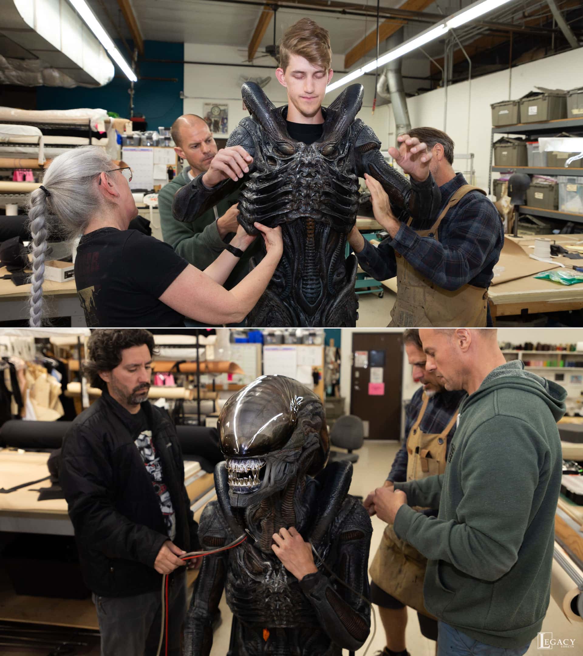 Legacy Effects team fitting the Xenomorph suit on Trevor Newlin - Legacy Effects/20th Century Studios © 2024. All Rights Reserved.