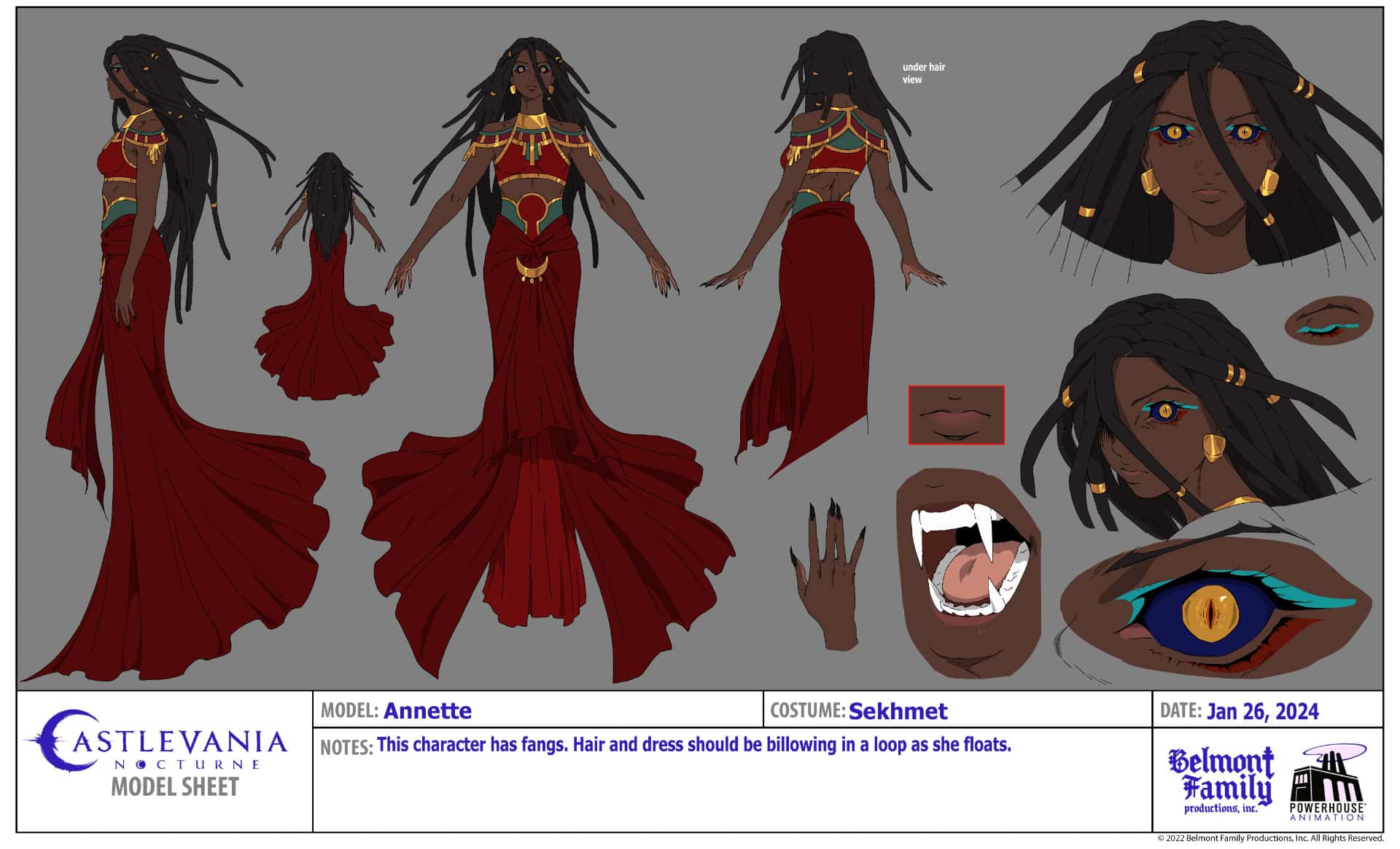 Annette (Sekhmet) character sheet for Castlevania: Nocturne Season Two - Belmont Family Productions, Inc./Netflix © 2025