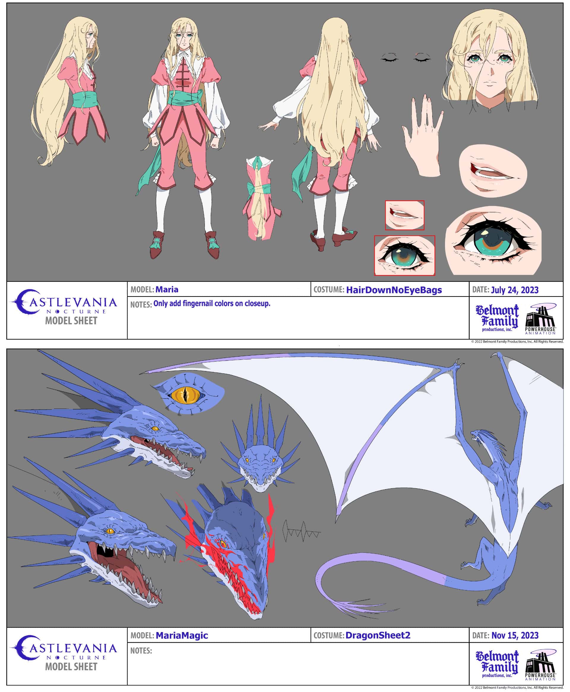 (Top to Bottom): Maria and her dragon character sheets for Castlevania: Nocturne Season Two - Belmont Family Productions, Inc./Netflix © 2025