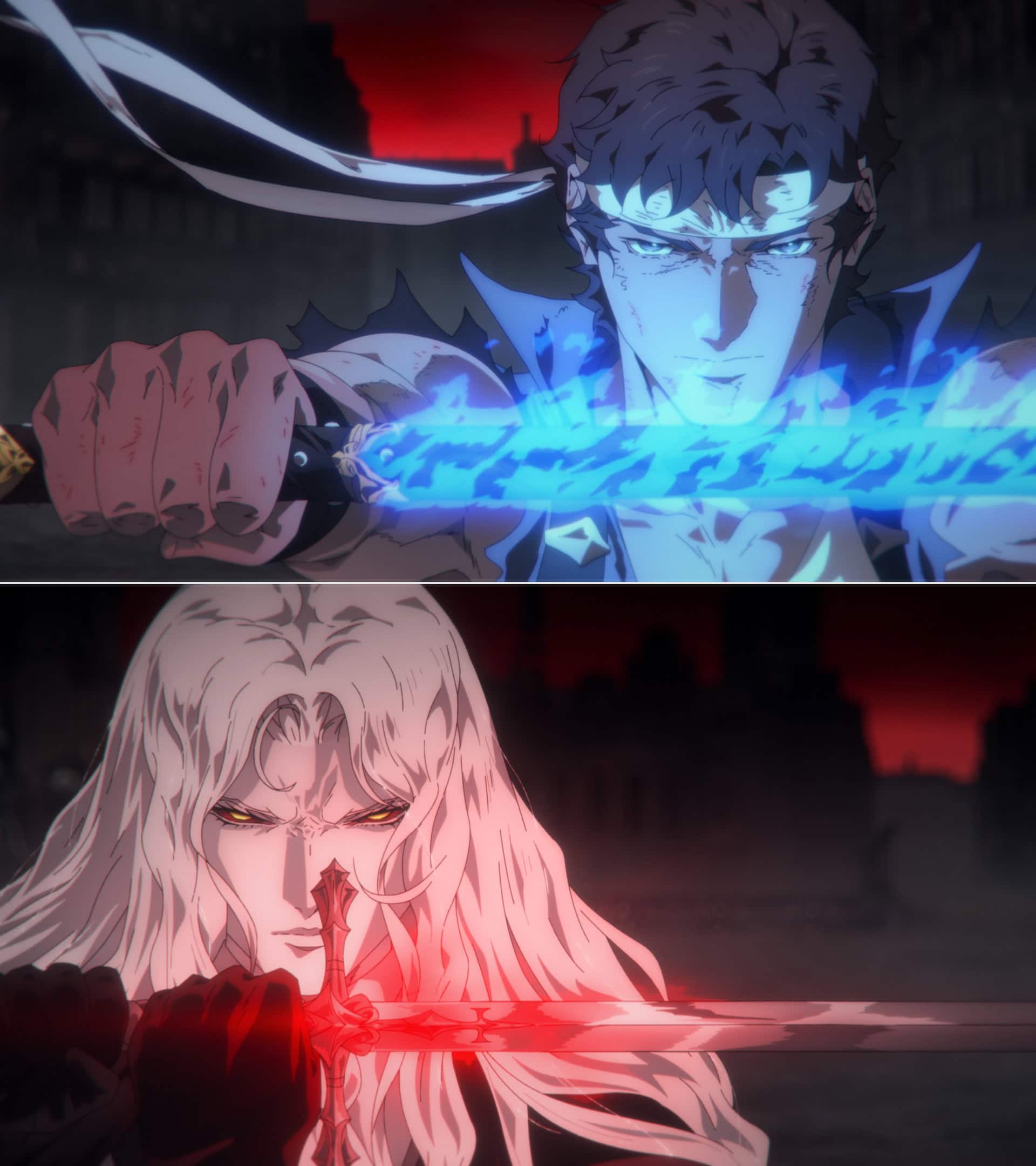 (Top to Bottom): Richter Belmont (Edward Bluemel) and Alucard (James Callis) in Castlevania: Nocturne Season Two - Netflix © 2025