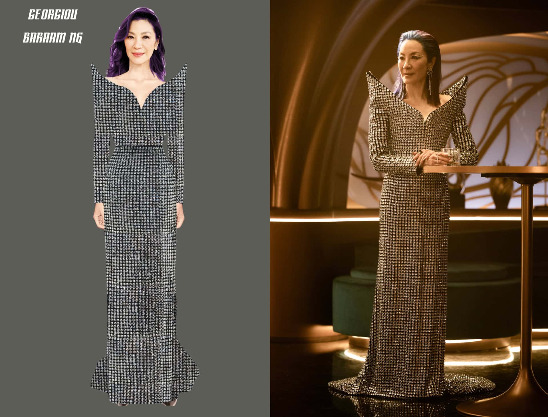 (Left): Costume artwork for Georgiou's last Baraam outfit - Gersha Phillips/Paramount+. (Right): Georgiou (Michelle Yeoh) in Star Trek: Section 31 - Jan Thijs/Paramount+