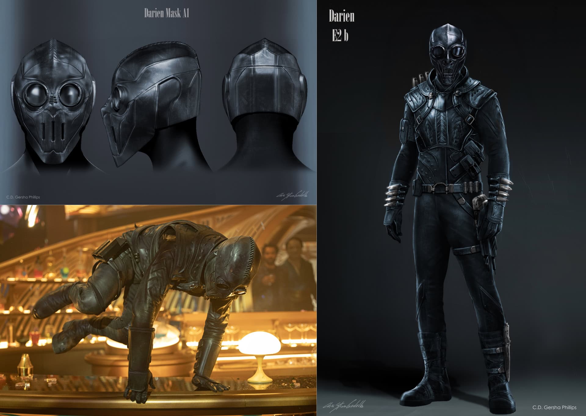 (Top Left and Right): San's mask and costume artwork - Gersha Phillips/Paramount+. San (James Hiroyuki Liao) in Star Trek: Section 31 - Jan Thijs/Paramount+